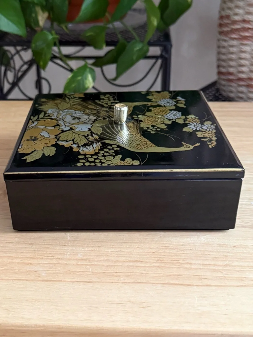 Vintage Otagiri Japan Black Lacquer Peacock Trinket Box with Etched Clear Tray